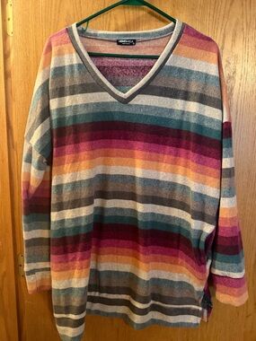 HEIMISH USA Striped V-Neck Sweater in Pink, Teal, Mustard, Gray, Cream